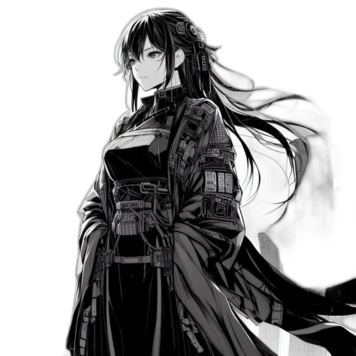 dress, sword, jacket, concept art, fantasy art, anime, cyberpunk, monochrome transparent PNG cut-out