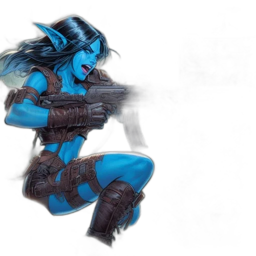 weapon, concept art, fantasy art, comic book art, watercolor, blue, blue-skinned, woman transparent PNG cut-out