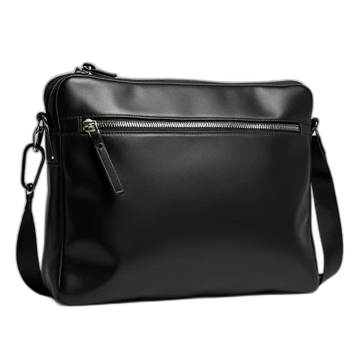 black, leather, messenger, bag, silver, zipper, small, pull transparent PNG cut-out