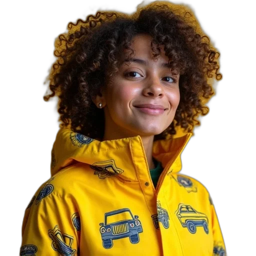jacket, staff, face, person, curly, hair, wearing, yellow transparent PNG cut-out