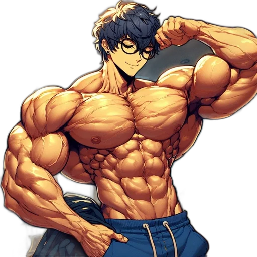 anime, comic book art, pixel art, cartoon, muscular, animated, blue-haired, character transparent PNG cut-out