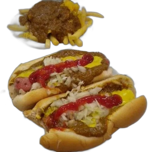 food, 3d render, two, hot, dogs, mustard, ketchup, onions transparent PNG cut-out