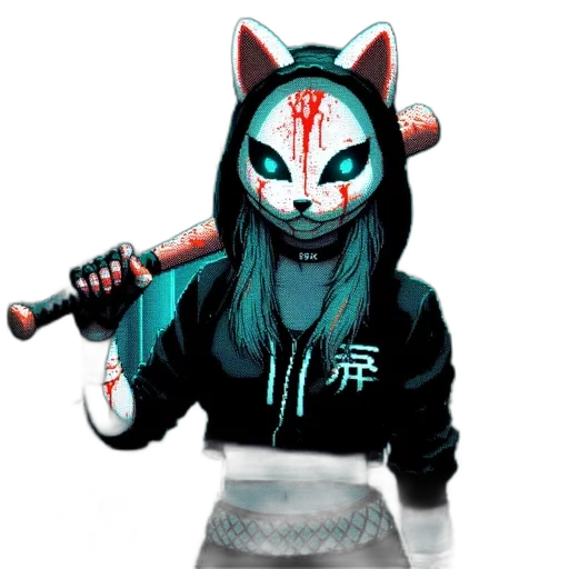 mask, staff, weapon, jacket, concept art, fantasy art, pixel art, cyberpunk transparent PNG cut-out