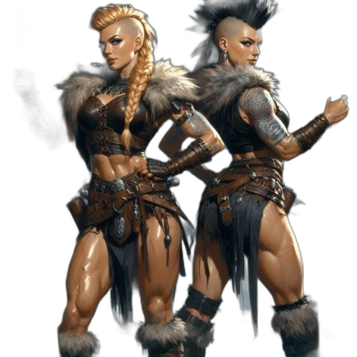 concept art, fantasy art, comic book art, cyberpunk, earth tones, two, female, warriors transparent PNG cut-out