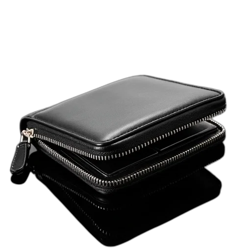 black, leather, wallet, silver, zipper, open, displaying, contents transparent PNG cut-out