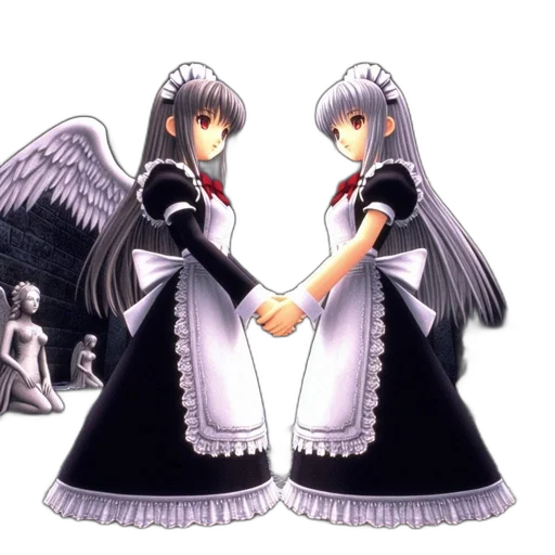 pixel art, concept art, 3d render, anime, monochrome, two, winged, female transparent PNG cut-out