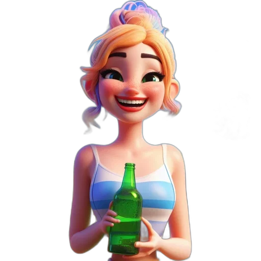 bottle, dress, face, crown, 3d render, cartoon, concept art, pixel art transparent PNG cut-out