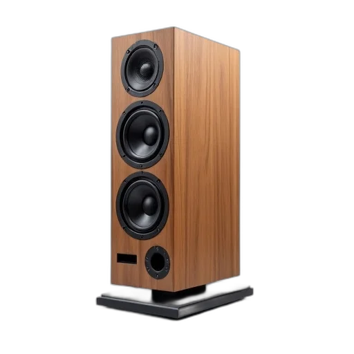 sleek, modern, speaker, wooden, finish, multiple, drivers, stands transparent PNG cut-out