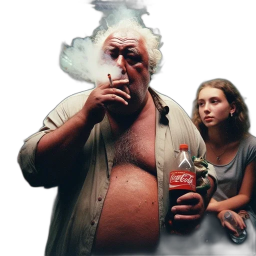 concept art, photorealistic, fire, older, smoker, exhales, convenience, store transparent PNG cut-out