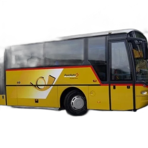 staff, 3d render, photorealistic, concept art, yellow, postauto, bus, mountainous transparent PNG cut-out