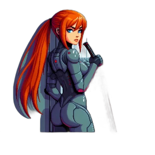 robot, jacket, weapon, sword, pixel art, concept art, cyberpunk, 3d render transparent PNG cut-out