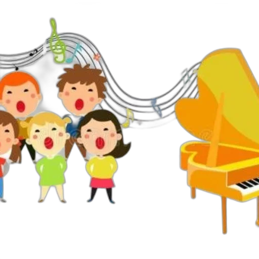 cartoon, illustration, children, singing, musical, notes, flowing, above transparent PNG cut-out