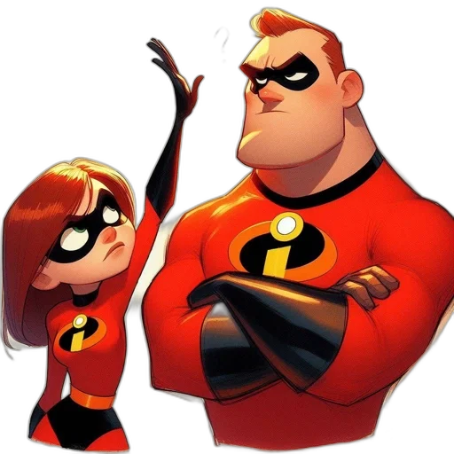comic book art, concept art, cartoon, 3d render, two, animated, characters, incredibles transparent PNG cut-out