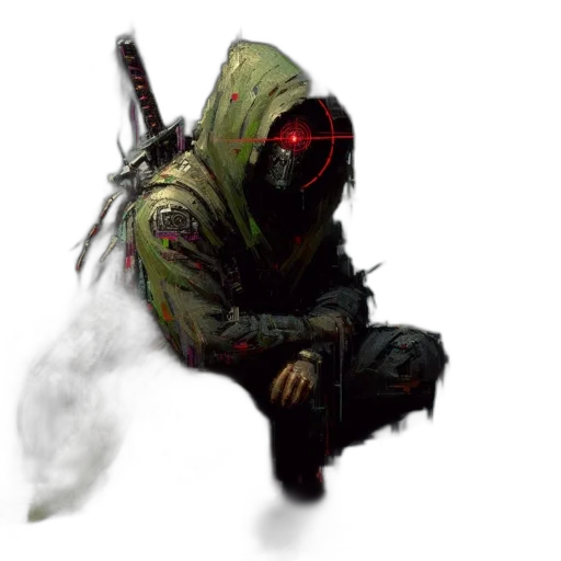 mask, jacket, weapon, staff, concept art, cyberpunk, fantasy art, pixel art transparent PNG cut-out