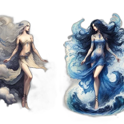 dress, fantasy art, concept art, comic book art, watercolor, underwater, blue, monochrome transparent PNG cut-out