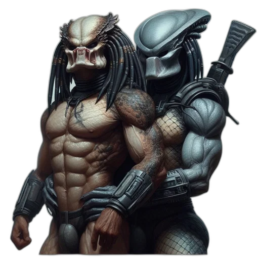 concept art, fantasy art, comic book art, 3d render, two, lifelike, depictions, predator transparent PNG cut-out