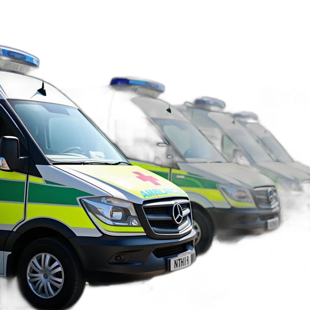 3d render, row, ambulances, parked, front, building, white, green transparent PNG cut-out