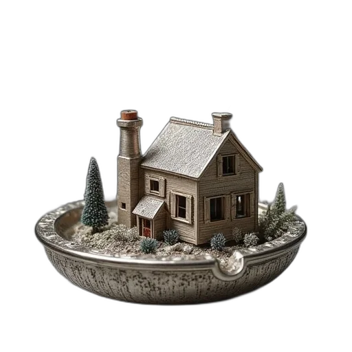 3d render, concept art, snow, decorative, silver, ashtray, house transparent PNG cut-out
