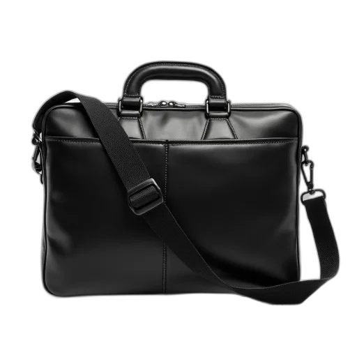 black, leather, briefcase, strap, displayed, against, white, background transparent PNG cut-out