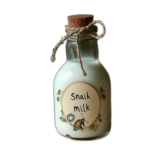bottle, 3d render, glass, filled, creamy, liquid, labeled, snail transparent PNG cut-out