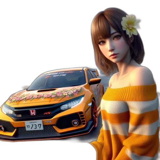 car, 3d render, photorealistic, concept art, fantasy art, golden, young, woman transparent PNG cut-out