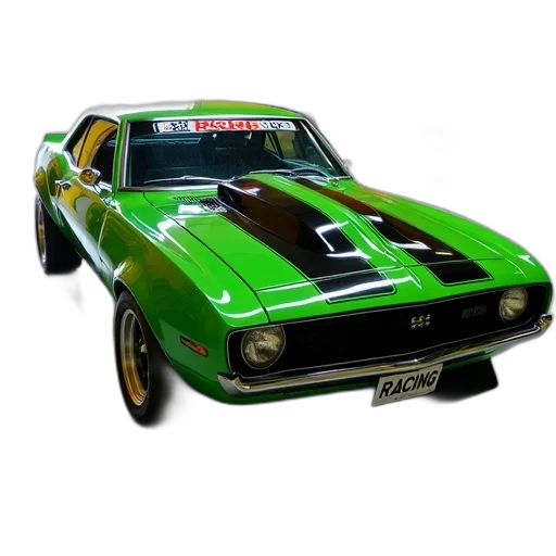 car, photorealistic, 3d render, green, black, racing, stripe, parked transparent PNG cut-out