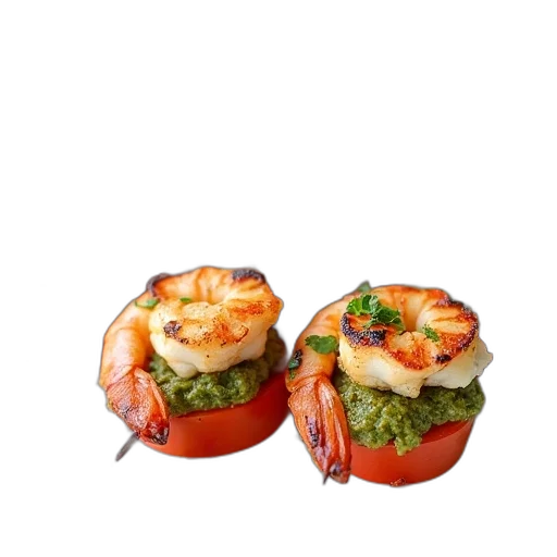 food, 3d render, photorealistic, grilled, shrimp, skewers, filled, pesto transparent PNG cut-out