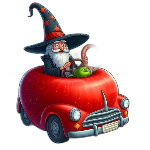 car, concept art, 3d render, fantasy art, photorealistic, elderly, wizard, drives transparent PNG cut-out