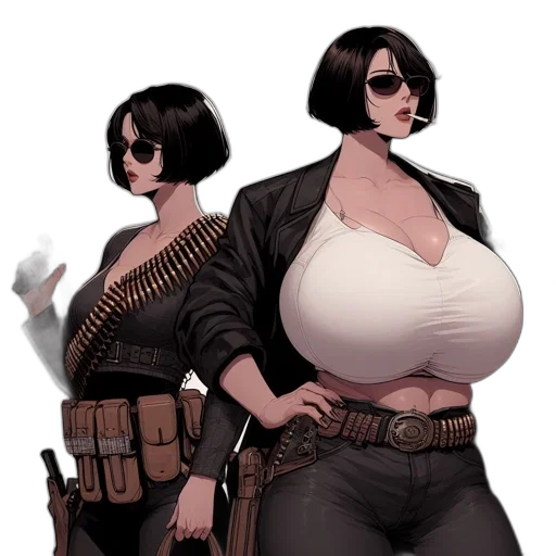 weapon, jacket, concept art, comic book art, cyberpunk, 3d render, two, women transparent PNG cut-out