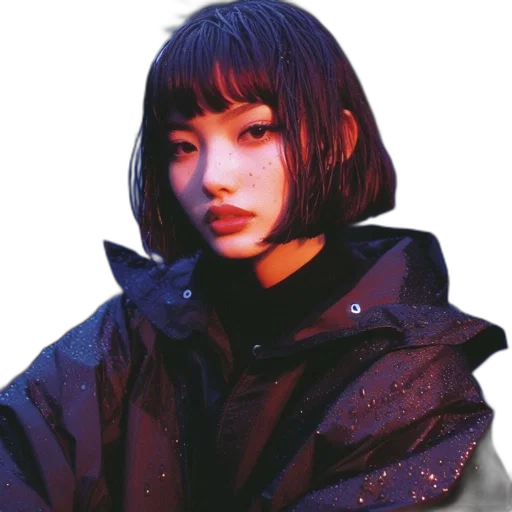 jacket, face, umbrella, hair, cyberpunk, photorealistic, vaporwave, oil painting transparent PNG cut-out