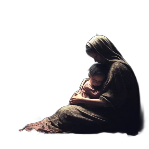 photorealistic, concept art, oil painting, 3d render, snow, isolated, mother, cradles transparent PNG cut-out