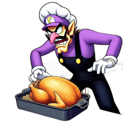 food, concept art, pixel art, cartoon, 3d render, waluigi, resembling, chef transparent PNG cut-out