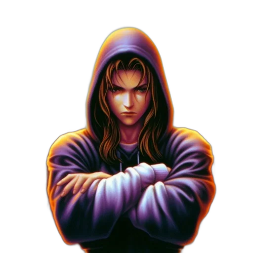 jacket, face, comic book art, pixel art, concept art, cyberpunk, individual, long transparent PNG cut-out