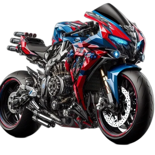 photorealistic, 3d render, concept art, futuristic, red, blue, motorcycle, sharp transparent PNG cut-out