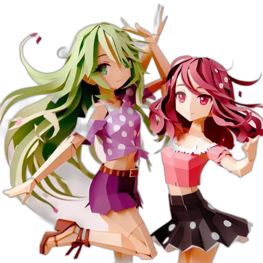 3d render, concept art, anime, cartoon, green, two, animated, females transparent PNG cut-out