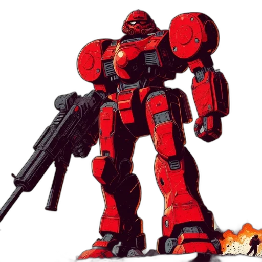 robot, weapon, concept art, 3d render, pixel art, comic book art, red, desolate transparent PNG cut-out