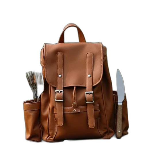 photorealistic, 3d render, earth tones, backpack, two, picnic, set, knife transparent PNG cut-out