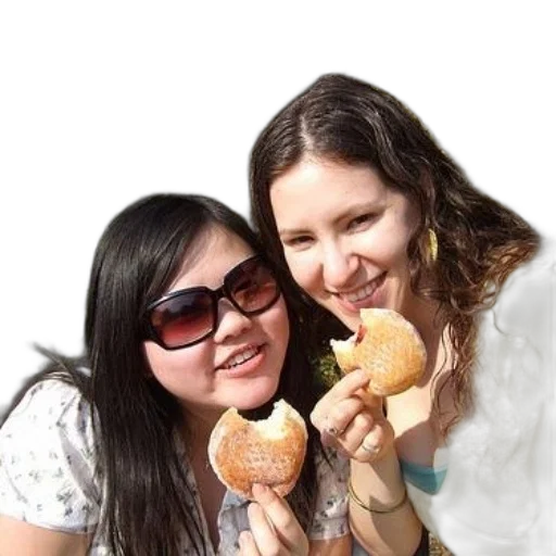 food, two, women, enjoying, donuts, outdoors, one, wearing transparent PNG cut-out