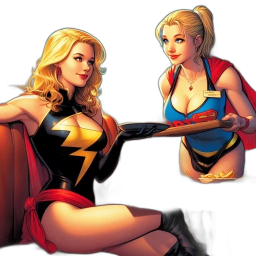 comic book art, concept art, cartoon, neon lights, two, female, superheroes, sit transparent PNG cut-out