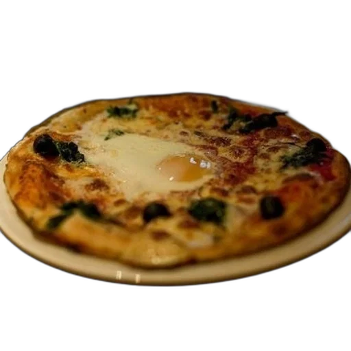 food, 3d render, photorealistic, pizza, egg, middle, sits, plate transparent PNG cut-out