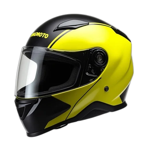 3d render, photorealistic, concept art, yellow, black, motorcycle, helmet, reflective transparent PNG cut-out
