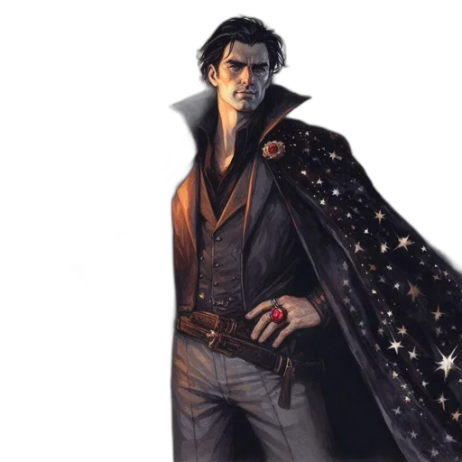 jacket, staff, concept art, comic book art, fantasy art, outer space, dark, regal transparent PNG cut-out