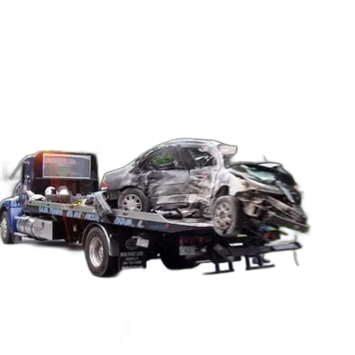 car, 3d render, concept art, tow, truck, carrying, damaged, flatbed transparent PNG cut-out