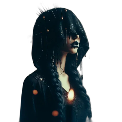 hair, dress, mask, staff, cyberpunk, concept art, fantasy art, 3d render transparent PNG cut-out