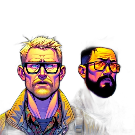 face, jacket, comic book art, concept art, cartoon, pixel art, neon, golden transparent PNG cut-out