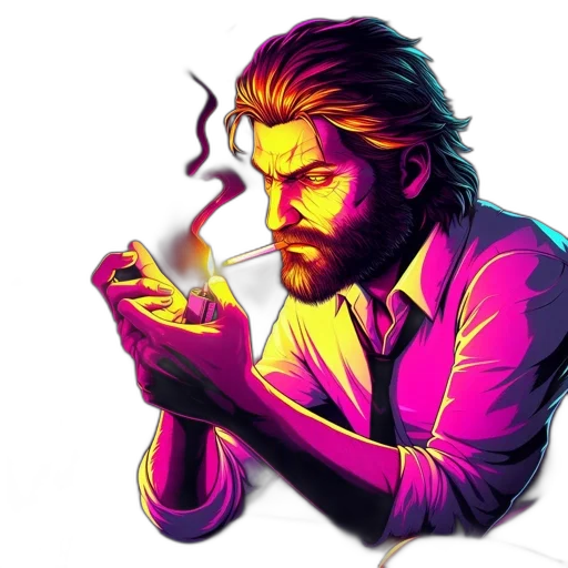 concept art, pixel art, comic book art, fantasy art, fire, neon lights, intense, man transparent PNG cut-out
