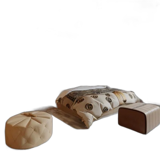 furniture, shoes, hat, mask, 3d render, earth tones, luxurious, bedroom transparent PNG cut-out
