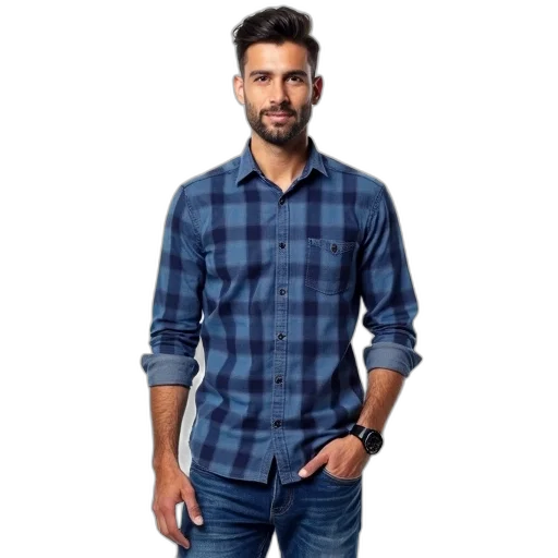 jacket, photorealistic, blue, man, wearing, checkered, shirt, collar transparent PNG cut-out