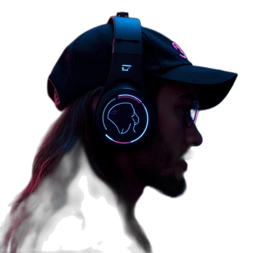 hat, face, jacket, robot, concept art, cyberpunk, photorealistic, vaporwave transparent PNG cut-out