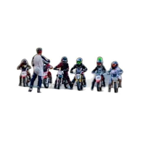 3d render, pixel art, concept art, photorealistic, group, children, dirt, bikes transparent PNG cut-out